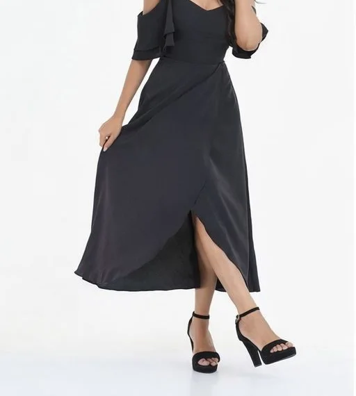 Black cold-shoulder wrap midi dress
