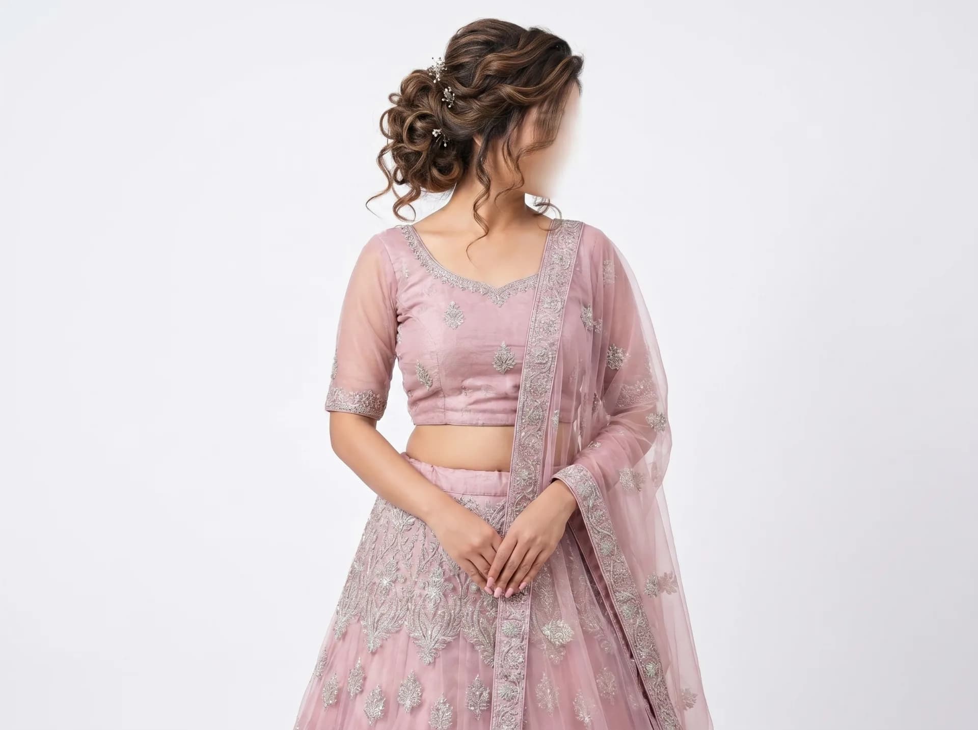 Graceful Dusty Pink Embroidered Net Lehenga Choli Set
