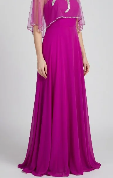 Magenta evening dress with sheer embellished cape