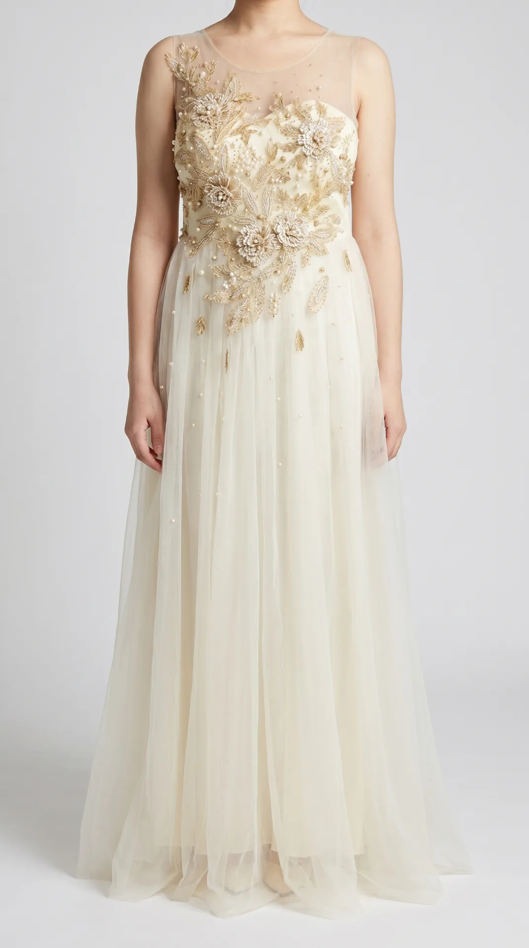 Cream embroidered tulle evening dress