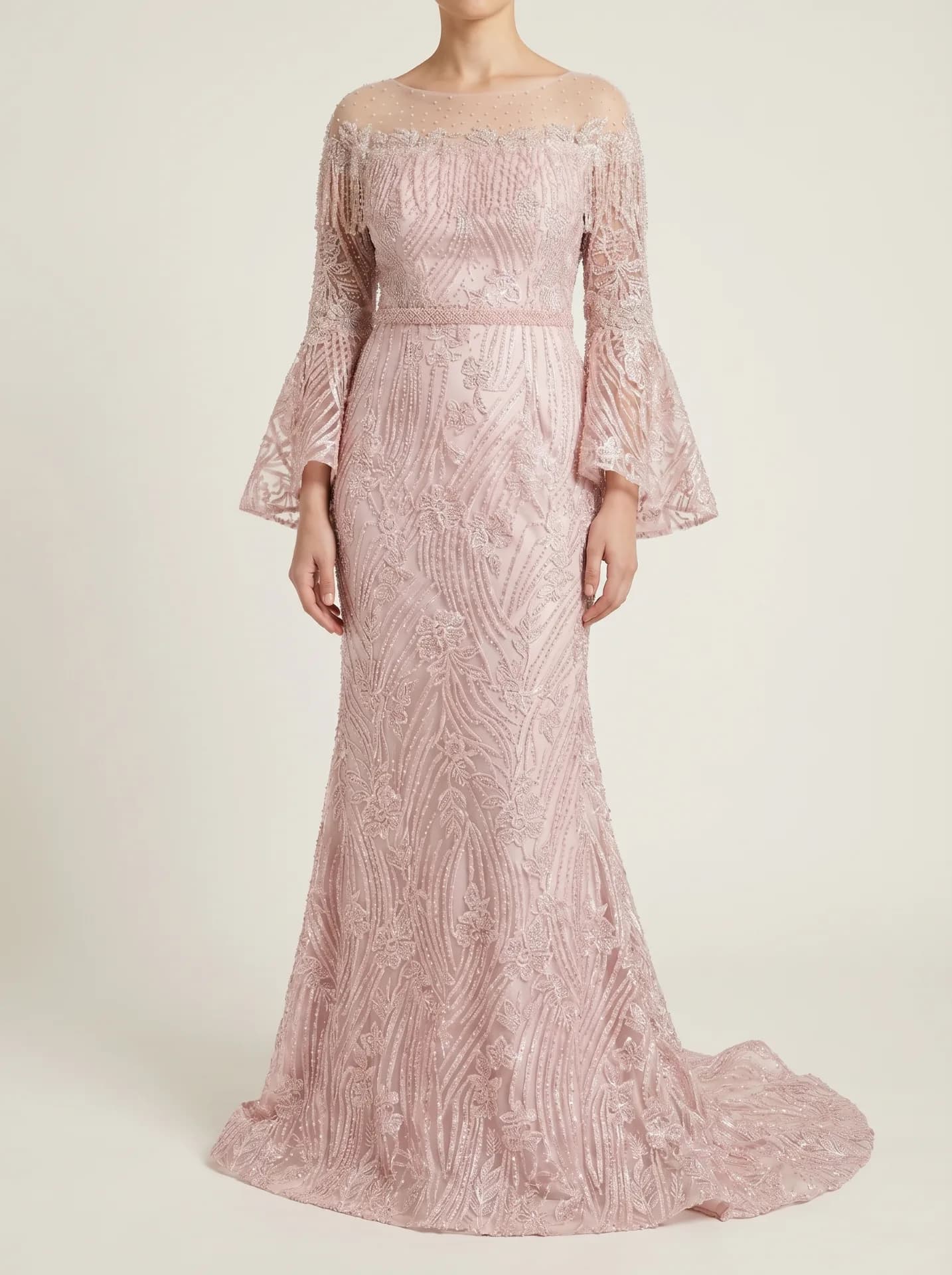 Blush pink lace evening gown with flared sleeves