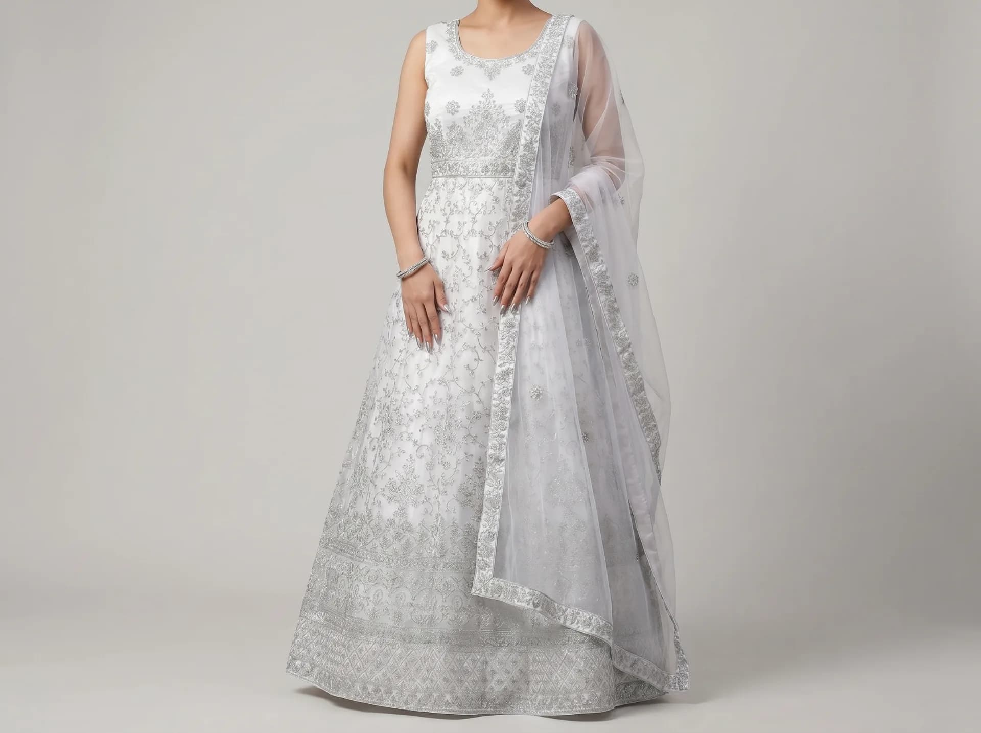 Graceful White and Silver Embroidered Net Lehenga Choli Set